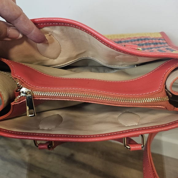 [Chiara-Ferretti] Italian Woven/ Coral Pink Soft Leather Satchel/Crossbody Bag - Picture 5 of 15